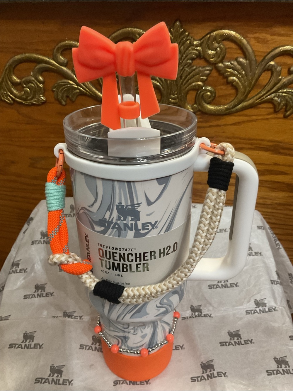 Stanley Marbled Gray Quencher with Bright Orange Accents 40oz